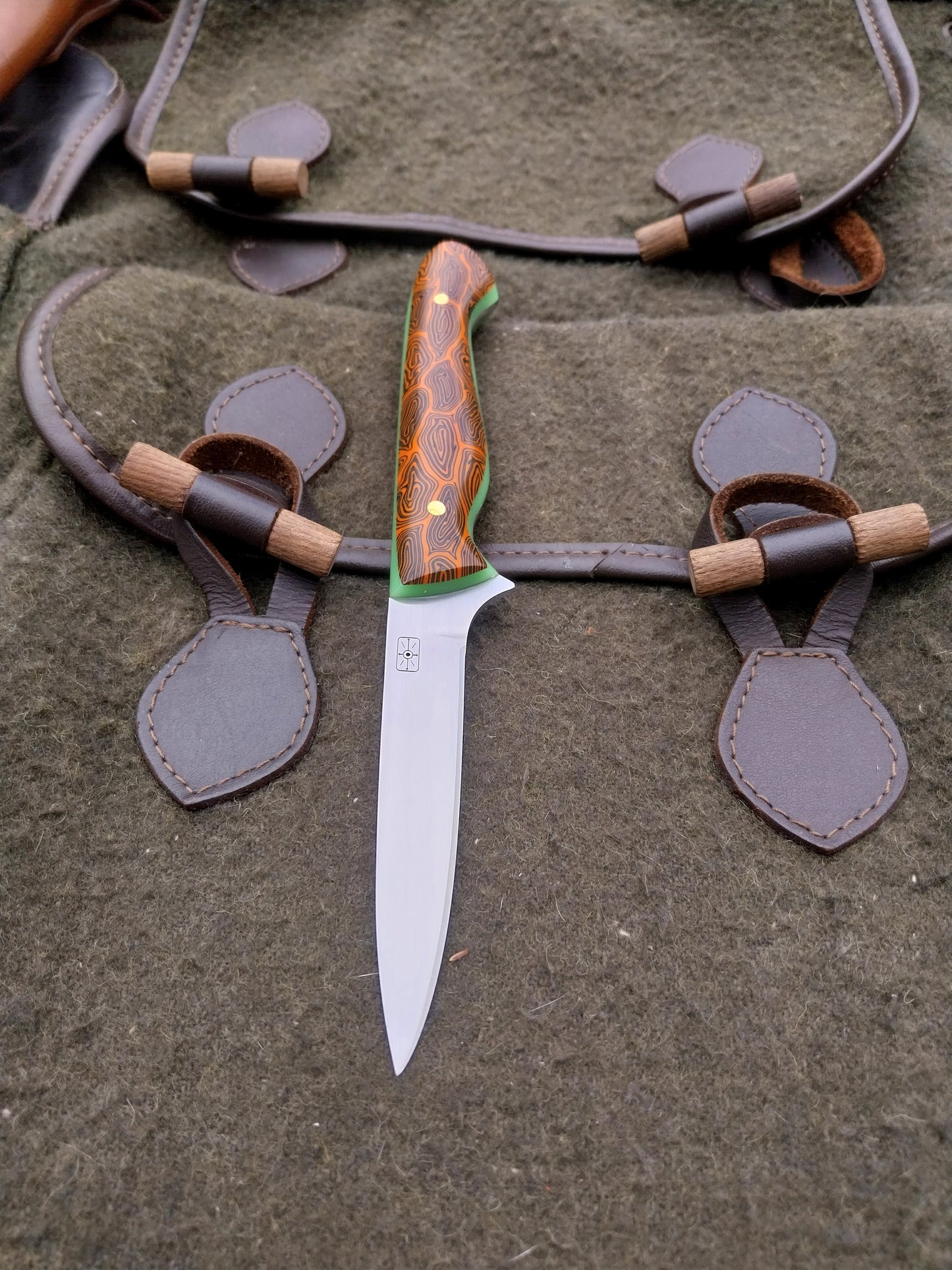 Muntjac Catcher Orange and Black Damascus G10 with glow in the dark liners