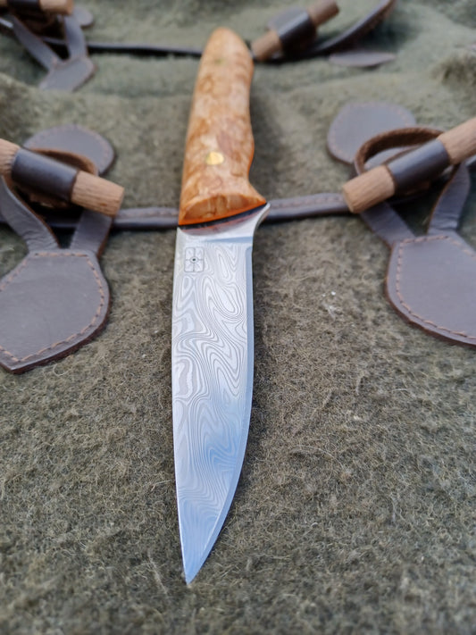 Roe Stalker knife  Thor Damasteel,  Stabilised Masur birch