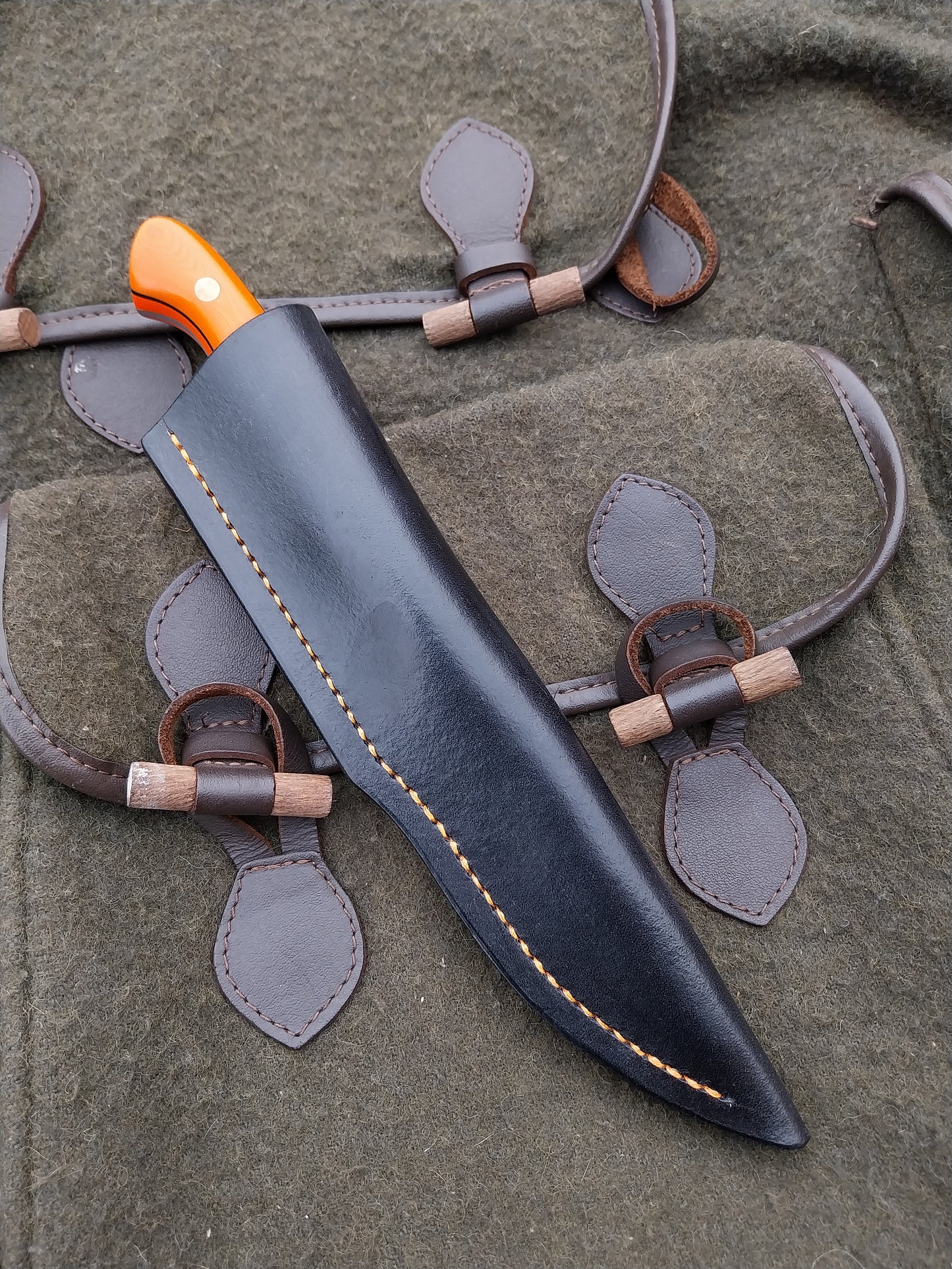 Roe Catcher (Custom Long Handle) carbon fibre/copper damascus, orange G10