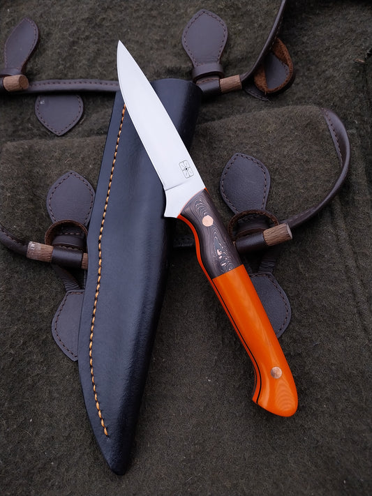 Roe Catcher (Custom Long Handle) carbon fibre/copper damascus, orange G10